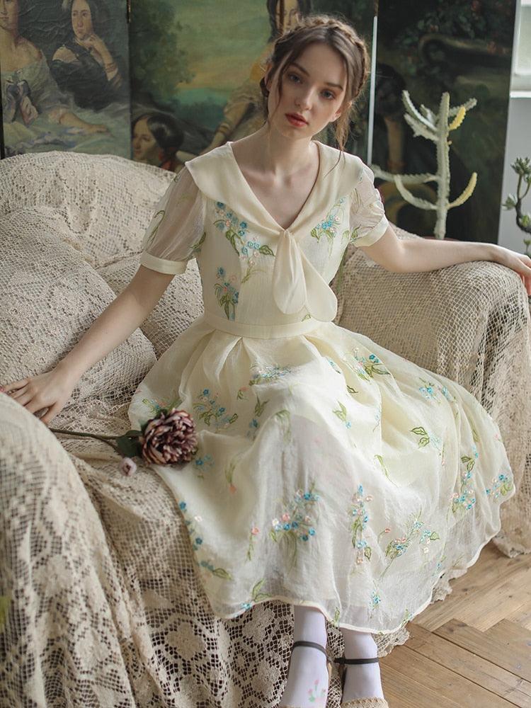 Elsie Spring Summer Dress Vintage Elegant Slim Midi Dress Retro Sweet Bow Collar Mori Girl Luxury Embroidery Casual Long Dress - Sandrine Swank