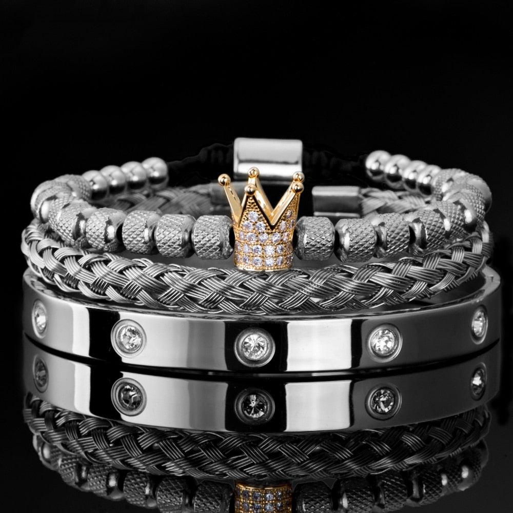 Luxury Micro Pave CZ Crown Roman Royal Charm Men Bracelets, Stainless Steel Crystals Bangles, Couple Handmade Jewelry Gift - Sandrine Swank