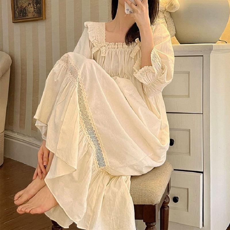 Victorian Cotton Long Nightgown, Vintage Embroidery Nightgown - Belleroz