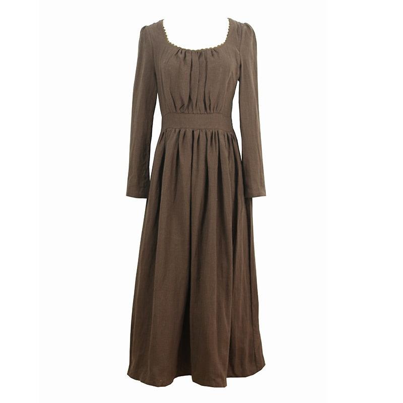 Elsie 100%Linen Coffee Long Dress Ladies Victoria Royal Vintage Elegant Long Sleeve  High Waist Dress robe longue - Sandrine Swank