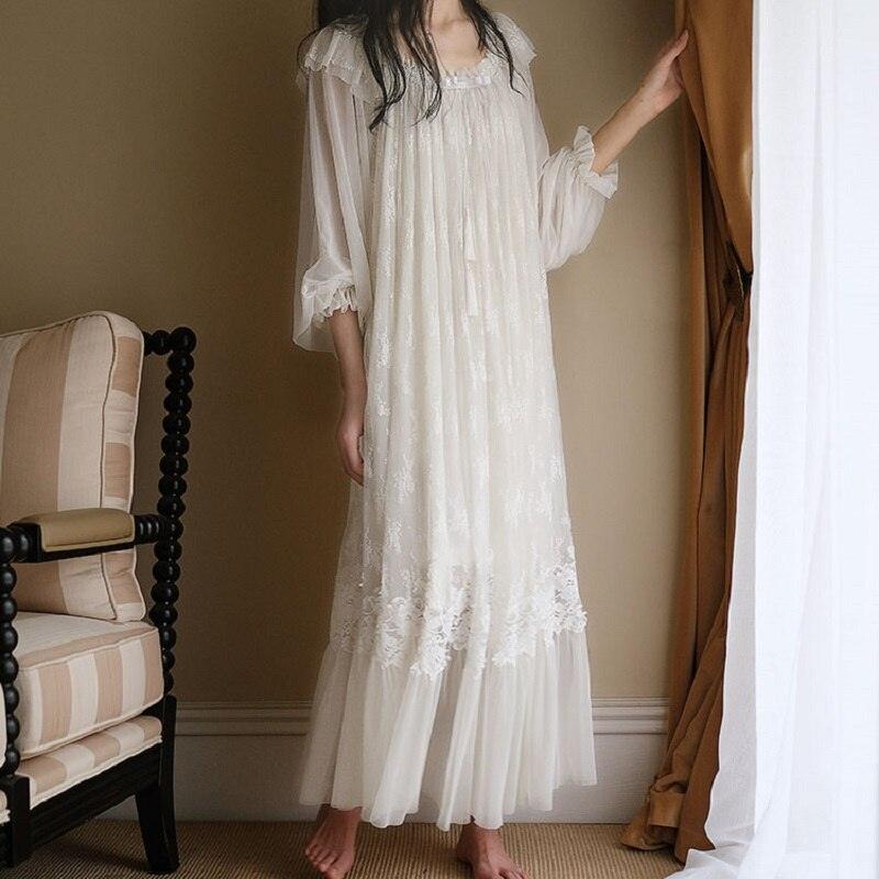 Vintage Embroidery White Lace Women's Long Nightgowns, Victorian Bridal Nightgown - Belleroz