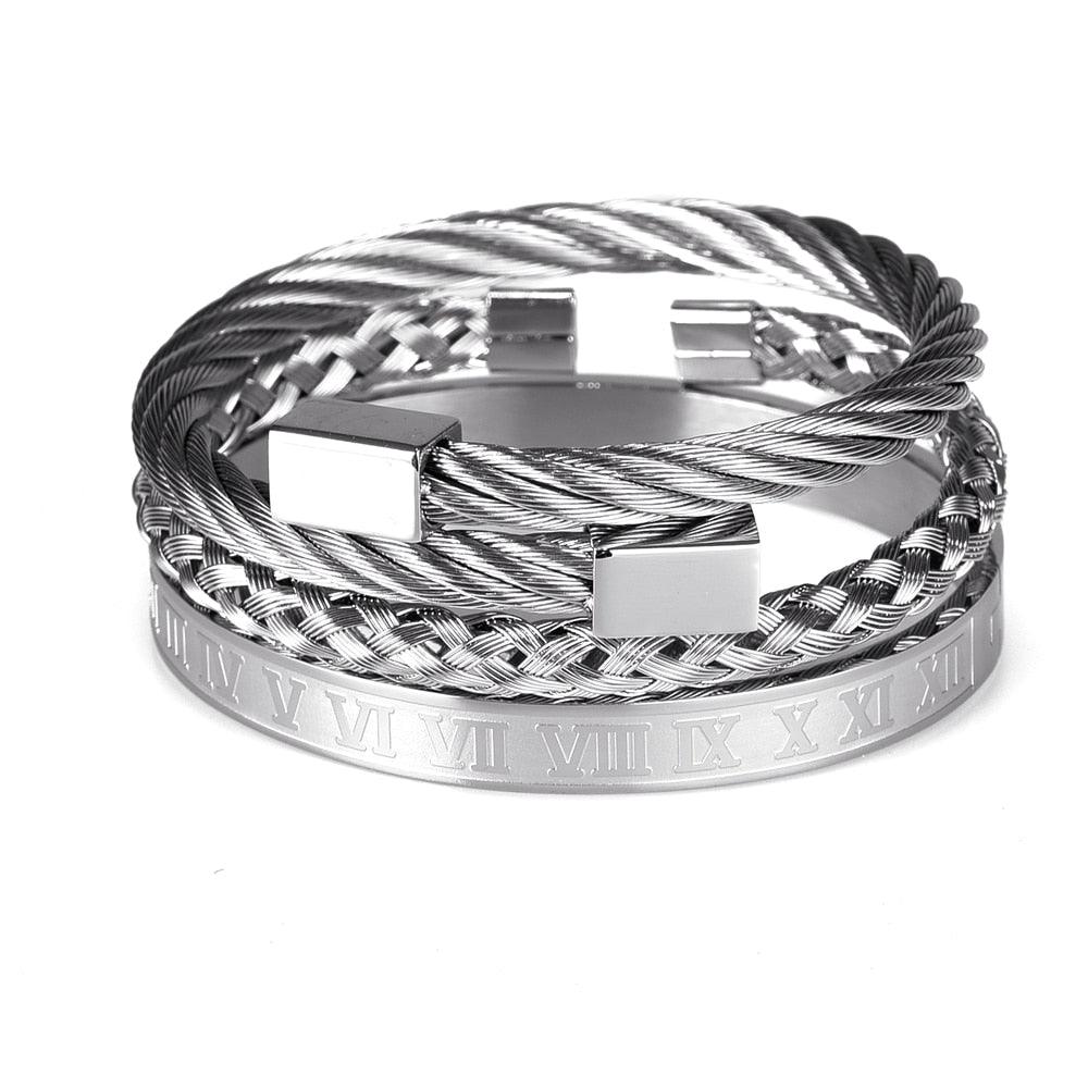 Luxury Roman Number Charm Woven Stainless Steel Men Bracelet Set - Sandrine Swank