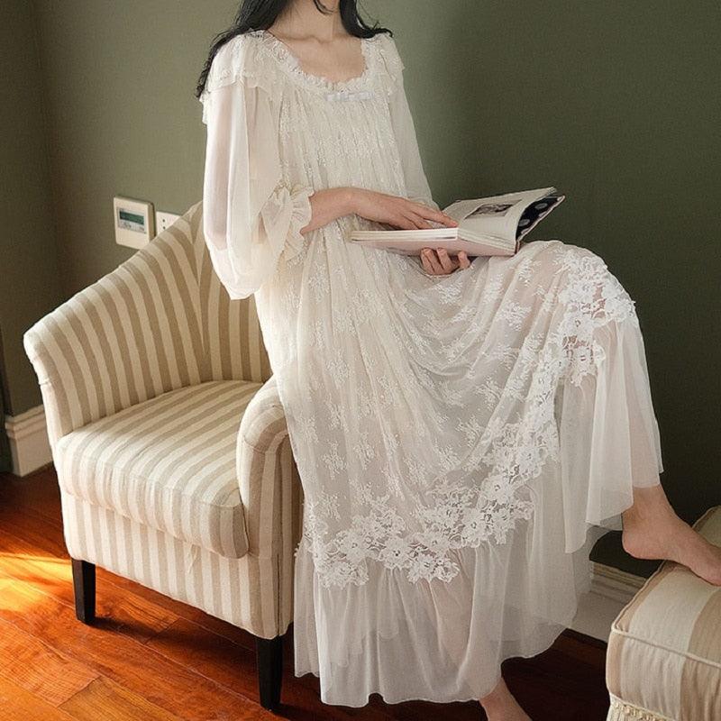 Vintage Embroidery White Lace Women's Long Nightgowns, Victorian Bridal Nightgown - Belleroz
