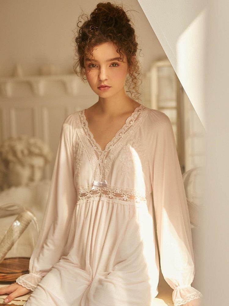 Victorian Nightgown, Vintage Cotton Women's Long Nightgown, Vintage Lace Deep V-Neck Nightdress - Belleroz