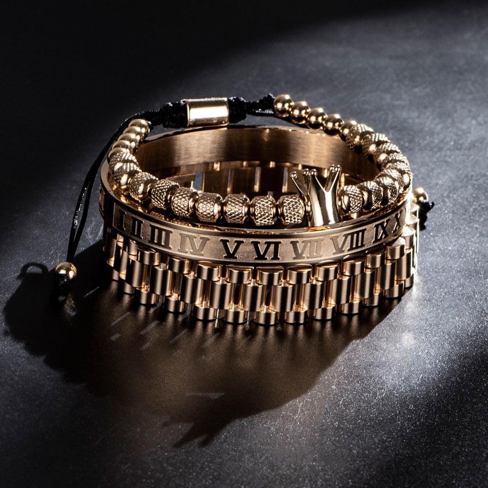 Men Bracelet Set, Luxury Crown Roman Numeral Men Bracelet, 12mm Watch Band Stainless Steel Bracelet Wristbands Men Jewelry - Sandrine Swank