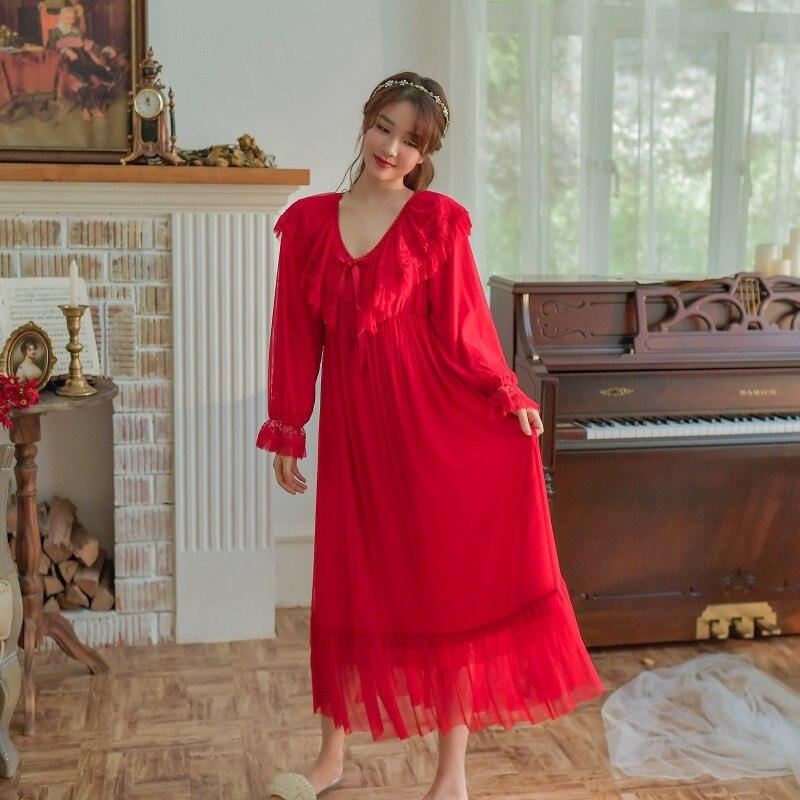 Vintage Luxury Modal Gauze Women's Long Nightgowns, Long Sleeve Soft Lace Spring Autumn Loose Nightdress - Belleroz