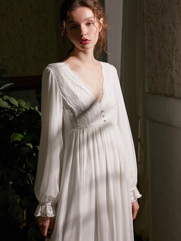 Victorian Nightgown, Vintage White Cotton Women's  Long Nightgown, Long Sleeve Royal Nightdress - Belleroz