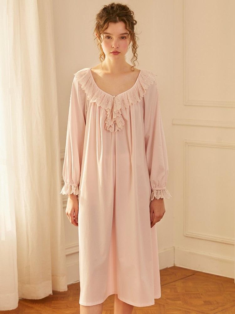 Vintage Cotton nightgown, Victorian Nightgown, Vintage Royal Princess V-neck Long Nightdress - Belleroz