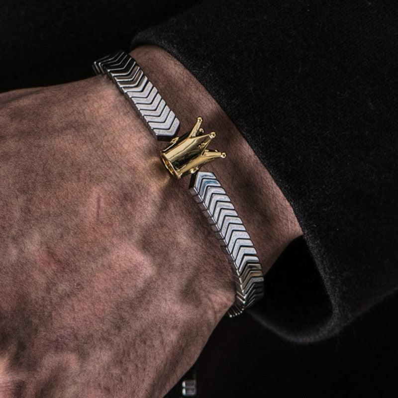 Crown Men Bracelet, Braided Rope Classic V Design Hematite Beaded Men Bracelet - Sandrine Swank