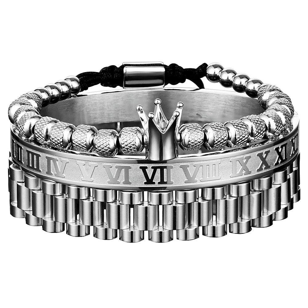 Men Bracelet Set, Luxury Crown Roman Numeral Men Bracelet, 12mm Watch Band Stainless Steel Bracelet Wristbands Men Jewelry - Sandrine Swank