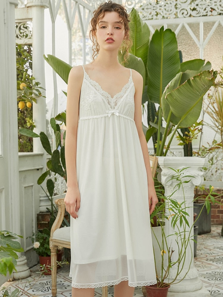 Vintage Cotton Princess White Gauze Lace Long Nightgown