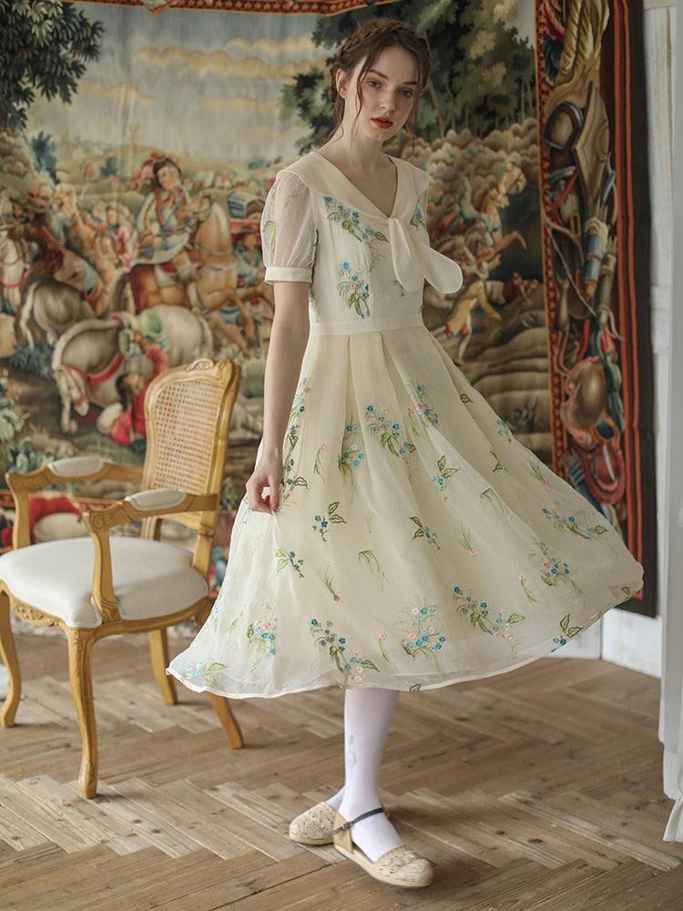 Elsie Spring Summer Dress Vintage Elegant Slim Midi Dress Retro Sweet Bow Collar Mori Girl Luxury Embroidery Casual Long Dress - Sandrine Swank