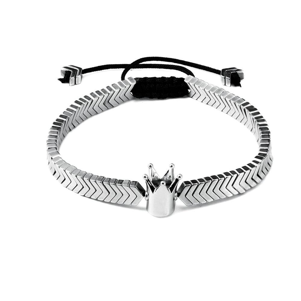 Crown Men Bracelet, Braided Rope Classic V Design Hematite Beaded Men Bracelet - Sandrine Swank