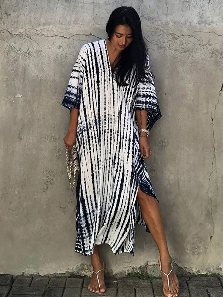 Bohemian Caftan, Bohemian Kaftan, Retro Striped Tie Dye Women Swimsuit Cover Up Bikini Wrap Beach Dress, Beachwear Kimono Kaftan - Sandrine Swank