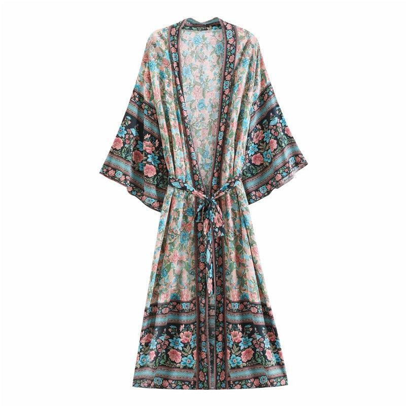 Bohemian Long Kimono, Peacock floral print bat sleeve beach Bohemian Kimono robe, Summer dress boho cover-up - Boldnaccs By Artisans