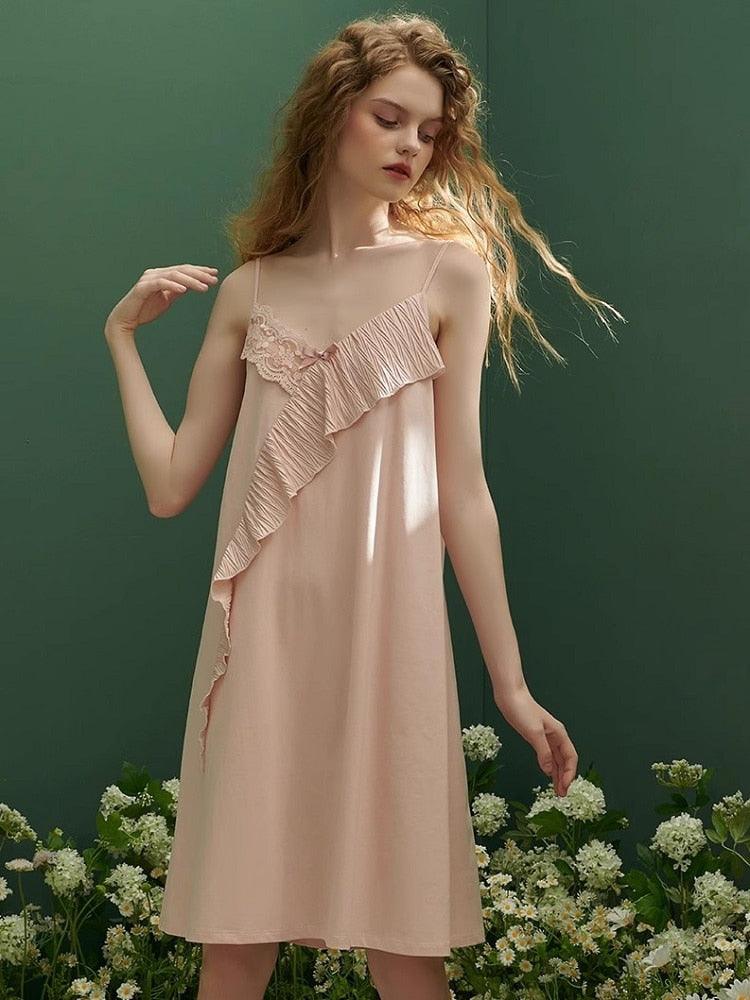 Retro V-neck Nightgown, Elegant Princess Summer Sleeveless Solid Color Nightwear - Belleroz