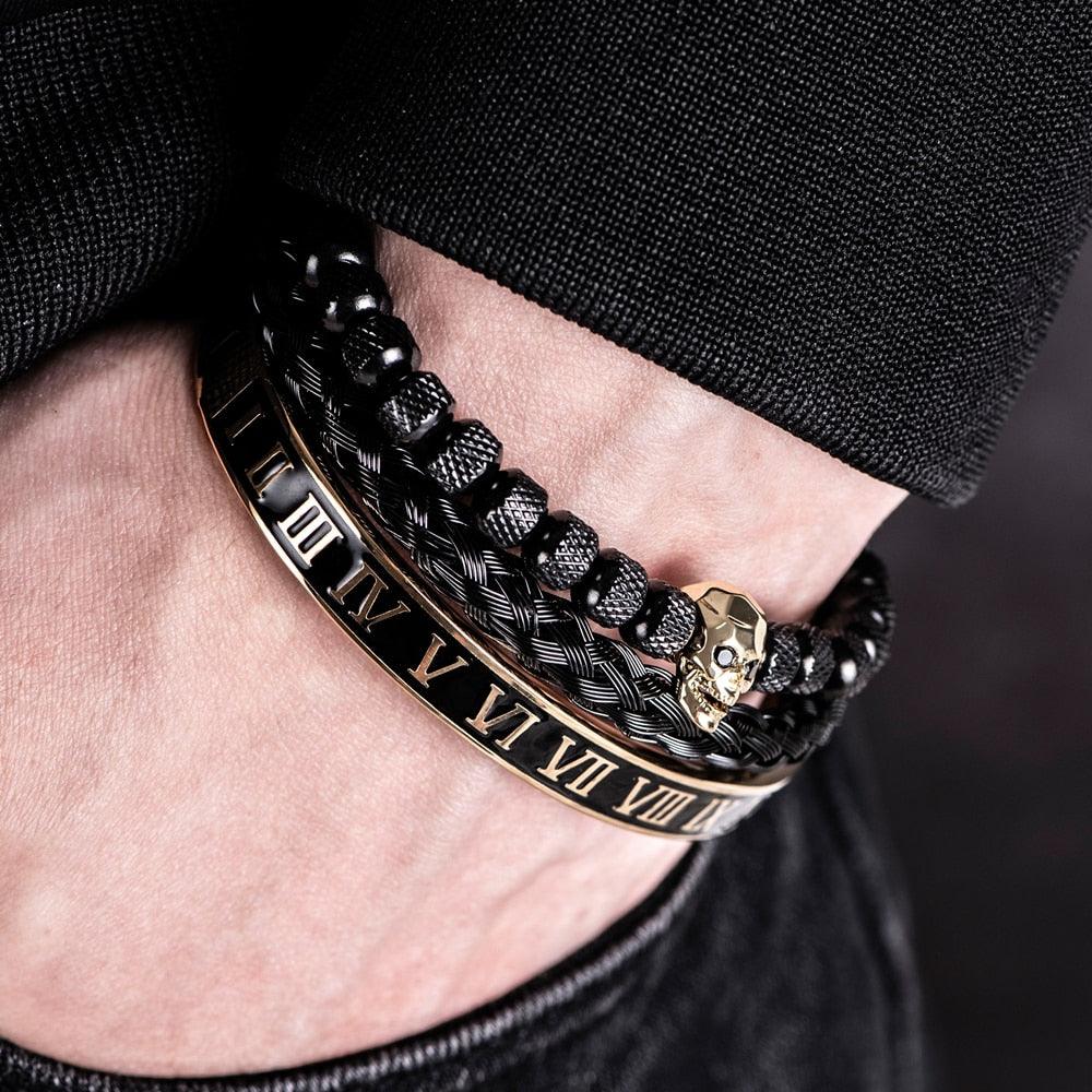 Luxury 3pcs/Set Skull Charm Black Men Bracelet, Stainless Steel  Men Enamel Bracelet - Sandrine Swank