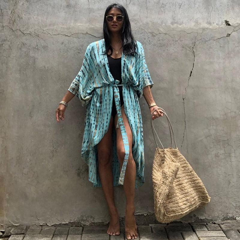 Bohemian Long Kimono, Beach Cover Ups Kimono, Tie Dye Kimono, Swimsuit Cape Summer Dress, Beachwear Cover Up Dress - Belleroz