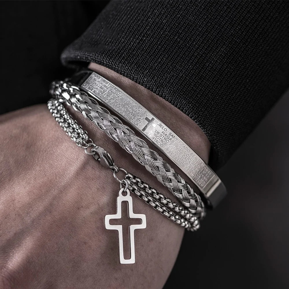 Luxury 3pcs Set Stainless Steel Men Bracelet, Men Jewelry Charm Open Bangle Carving Spanish Scripture - Sandrine Swank
