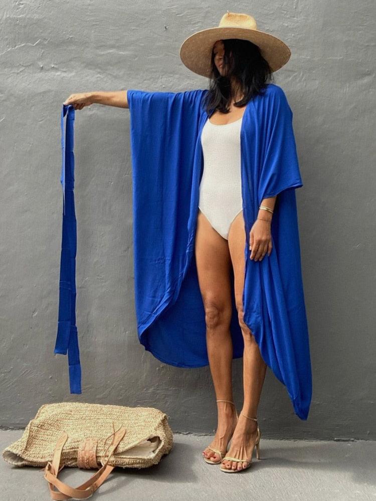 Bohemian Long Kimono, Beach Cover Up Kimono, Solid Color Bohemian Kimono - Boldnaccs By Artisans