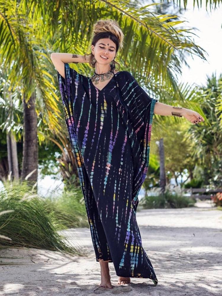 Bohemian Kaftan, Retro Striped Tie Dye Women Swimsuit Cover Up Bikini Wrap Beach Dress Beachwear Kimono Kaftan - Sandrine Swank