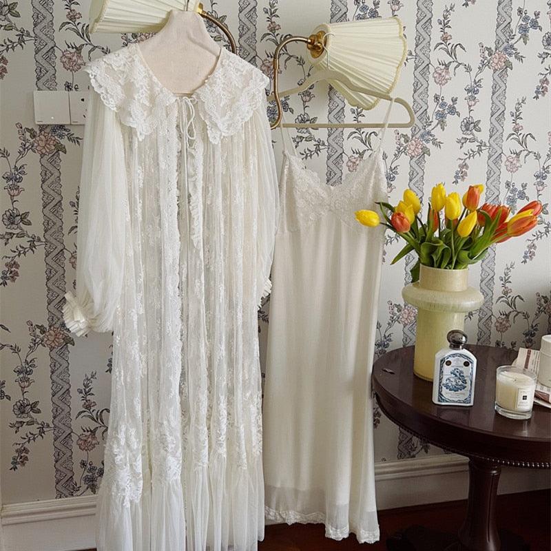 Vintage Luxury White Lace 2-Pics Nightdress, Vintage Lace Nightgown, Victorian Nightgown - Belleroz