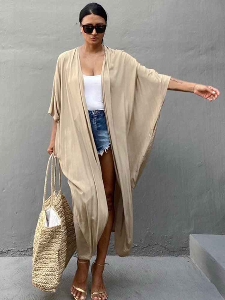 Bohemian Long Kimono, Beach Cover Up Kimono, Solid Color Bohemian Kimono - Boldnaccs By Artisans