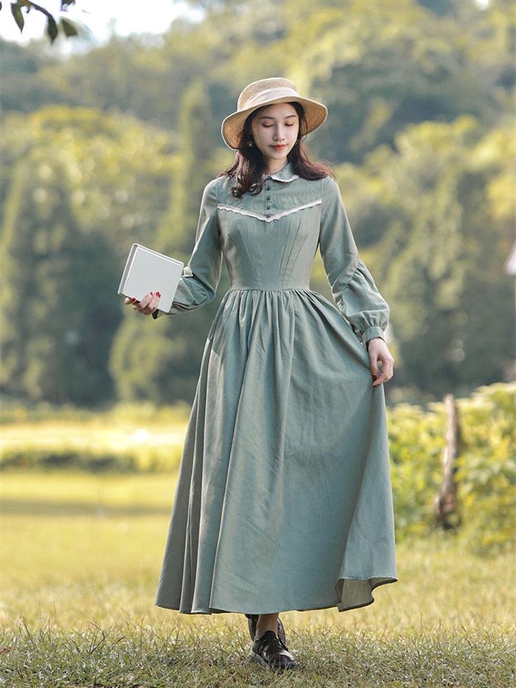 Elise Dress For Women Medieval Vintage Elegant Slim Long Lantern Sleeve Dress Peter Pan Collar Maxi Dress - Sandrine Swank
