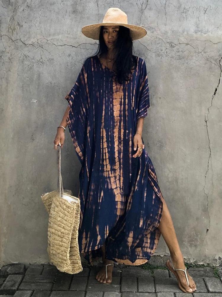 Bohemian Caftan, Bohemian Kaftan, Retro Striped Tie Dye Women Swimsuit Cover Up Bikini Wrap Beach Dress, Beachwear Kimono Kaftan - Sandrine Swank