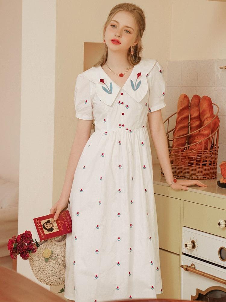 Elise White Dress Women Elegant Slim Sweet Embroidery Tulip Floral V-Neck Cotton Midi Dress Clothes - Sandrine Swank