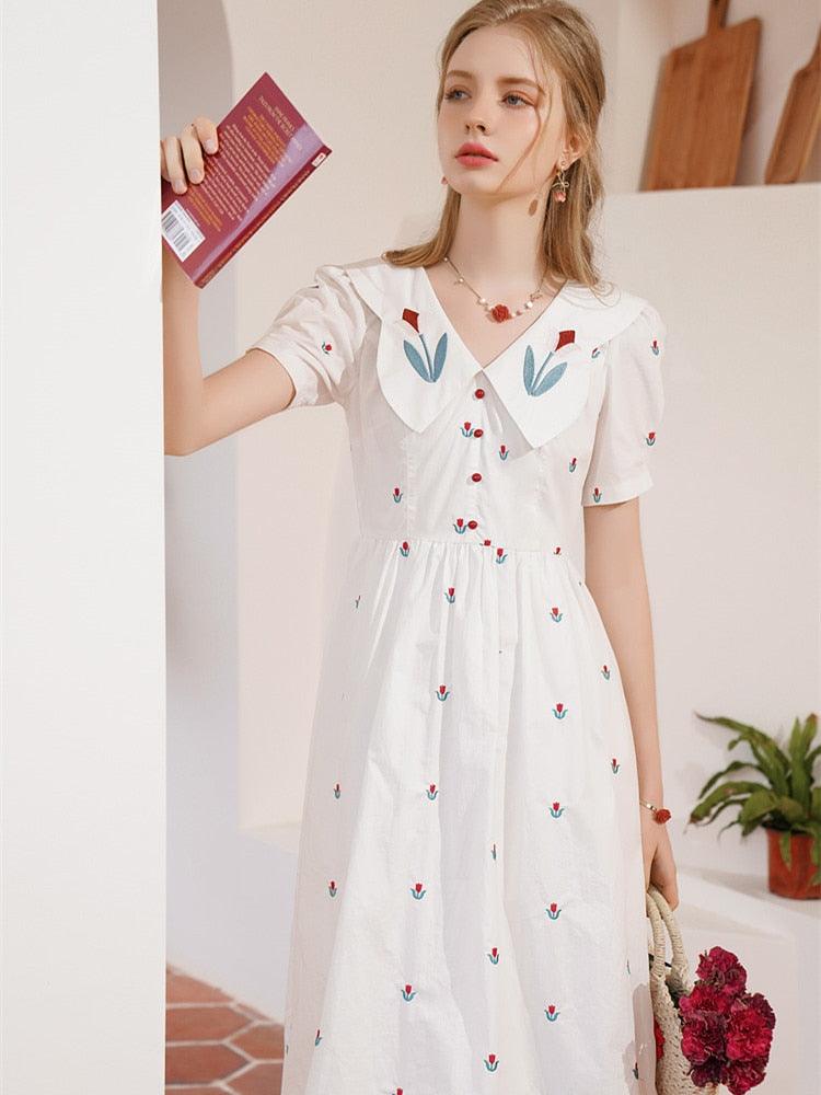 Elise White Dress Women Elegant Slim Sweet Embroidery Tulip Floral V-Neck Cotton Midi Dress Clothes - Sandrine Swank