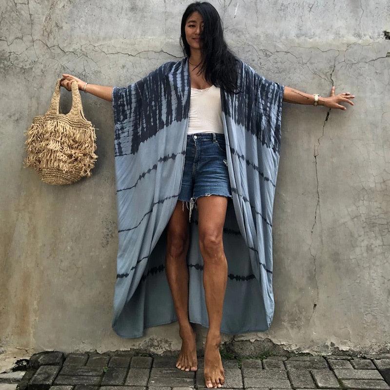 Bohemian Long Kimono, Beach Cover Ups Kimono, Tie Dye Kimono, Swimsuit Cape Summer Dress, Beachwear Cover Up Dress - Belleroz