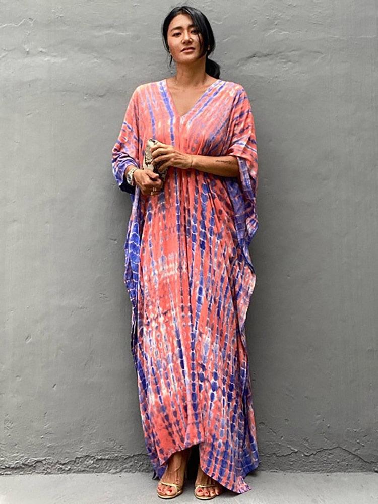 Bohemian Caftan, Bohemian Kaftan, Retro Striped Tie Dye Women Swimsuit Cover Up Bikini Wrap Beach Dress, Beachwear Kimono Kaftan - Sandrine Swank