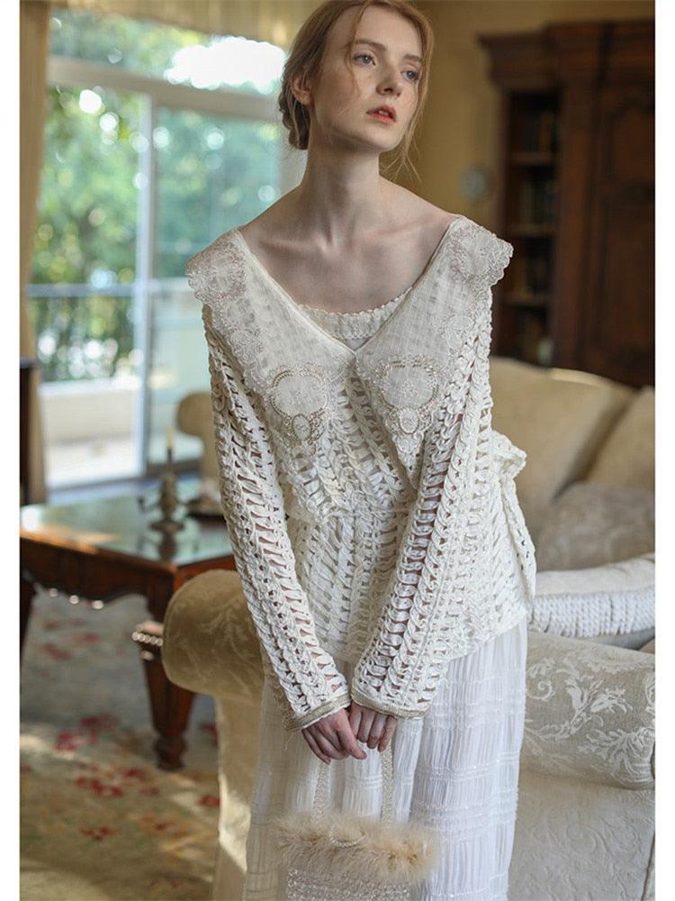 Elsie White Dress Women Mori Girls Elegant Sexy V-Neck Handmade Hollow Out Beadings Embroidery Long Dress - Sandrine Swank