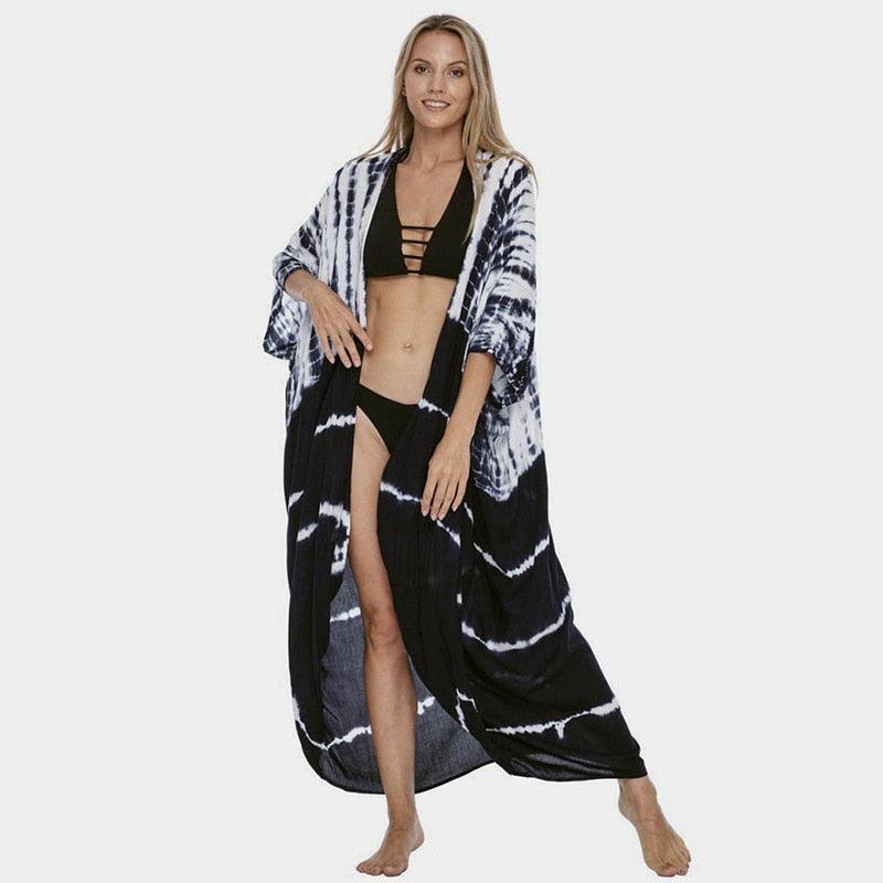 Bohemian Long Kimono, Beach Cover Ups Kimono, Tie Dye Kimono, Swimsuit Cape Summer Dress, Beachwear Cover Up Dress - Belleroz