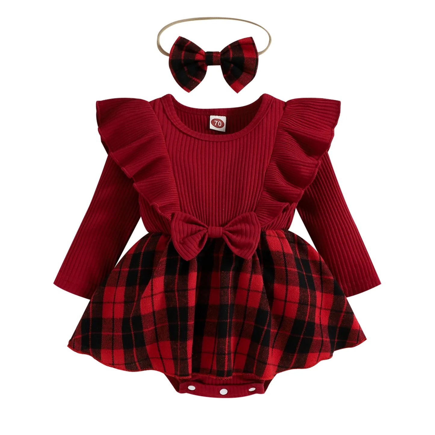Baby 0-24M Christmas Girl Red Romper, Baby Knit Ruffle Long Sleeve Jumpsuit Plaid Print Xmas