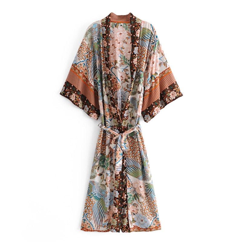 Bohemian Peacock Floral Print Bat Sleeve Kimono, Beach Bohemian Kimono, Maxi Robe Ladies V Neck Boho Summer Bikini Cover-up - Boldnaccs By Artisans