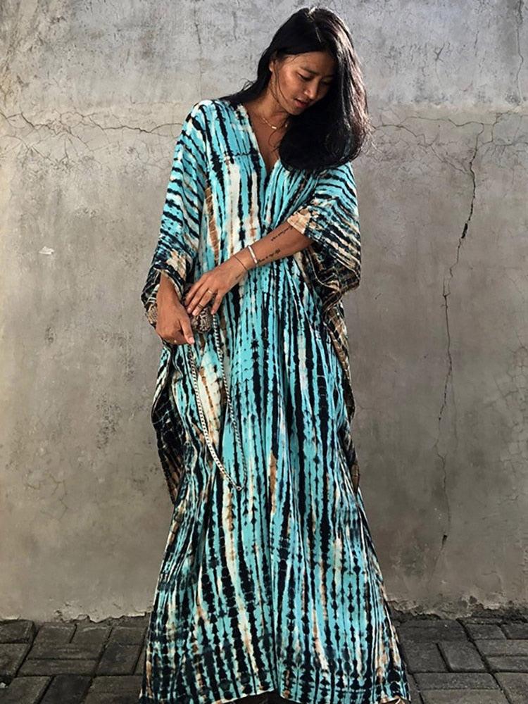 Bohemian Kaftan, Retro Striped Tie Dye Women Swimsuit Cover Up Bikini Wrap Beach Dress Beachwear Kimono Kaftan - Sandrine Swank