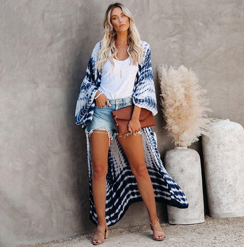 Bohemian striped Print V-neck batwing Sleeves Sashes Kimono, Kimono robe Ladies Boho Maxi Bikini Cover-up - Boldnaccs By Artisans