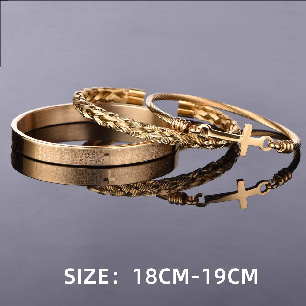 Luxury 3pcs Set Stainless Steel Bracelet  Micro Pave CZ Cross Hip Hop, Men Jewelry Charm Open Bangle Carving Spanish Scripture - Sandrine Swank