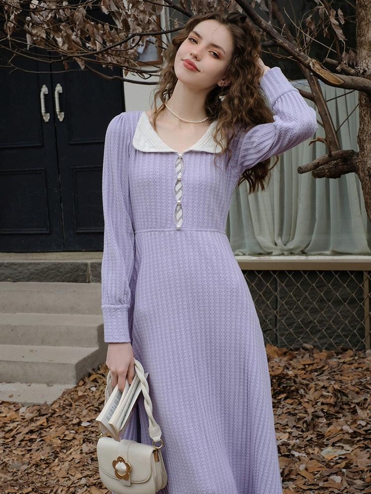 Elsie Women Vintage Elegant Slim Sexy Lace V-Neck Knitted Dress Lantern Sleeve Purple Long Dress - Sandrine Swank