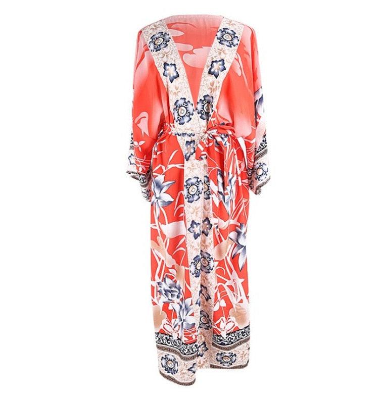 Bohemian Kimono, Pink Crane  Floral Print Sashes Women Bohemian V Neck Batwing Sleeves Blouses Robe Kimono Cover-up - Sandrine Swank