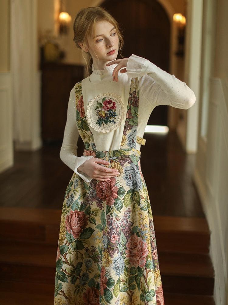 Elsie Elegant Slim Sling Dress Mori Girls Handmade Embroidery Vintage Oil Painting Jacquard Vest Dress - Sandrine Swank