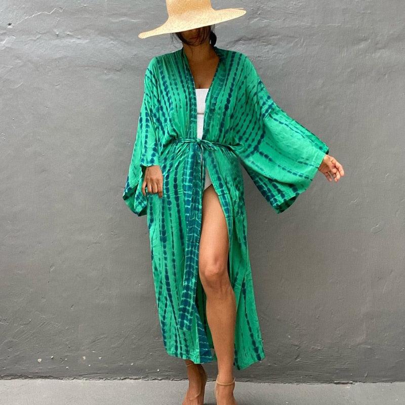 Bohemian striped Print V-neck batwing Sleeves Sashes Kimono, Kimono robe Ladies Boho Maxi Bikini Cover-up - Boldnaccs By Artisans