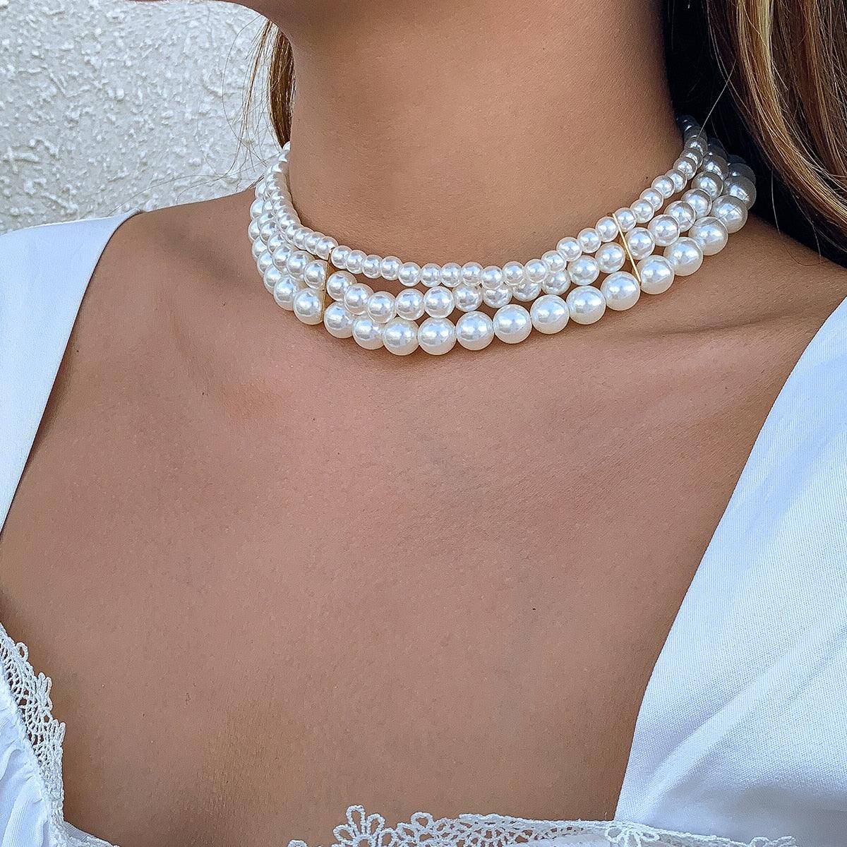 Elegant Multilayer Pearl Chain Necklace, Vintage Wedding Fashion Statement Choker - Belleroz