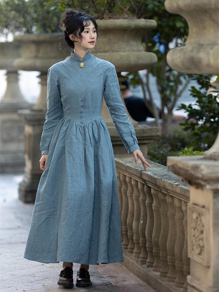 Elsie Maxi Dresses For Women Medieval Manor Vintage Elegant Dress Stand Collar Long Sleeve Strip Cotton Linen Blue Dress - Sandrine Swank