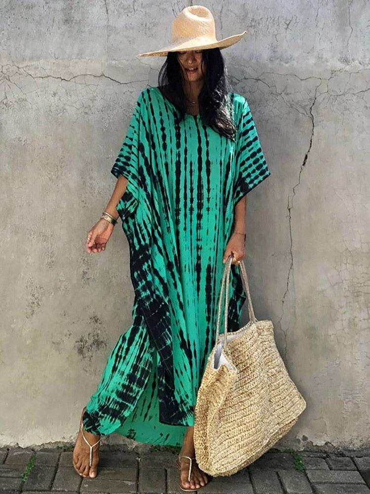 Bohemian Kaftan, Retro Striped Tie Dye Women Swimsuit Cover Up Bikini Wrap Beach Dress Beachwear Kimono Kaftan - Sandrine Swank