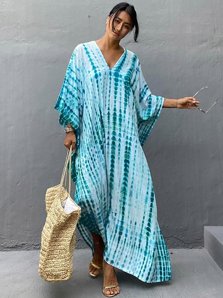 Bohemian Kaftan, Retro Striped Tie Dye Women Swimsuit Cover Up Bikini Wrap Beach Dress Beachwear Kimono Kaftan - Sandrine Swank