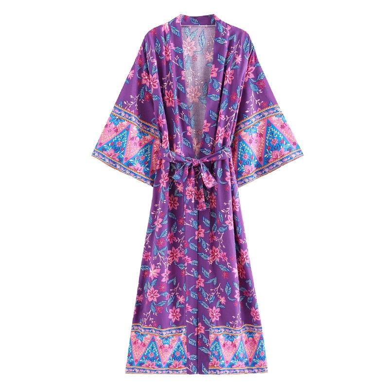 Bohemian Long Kimono, Peacock floral print bat sleeve beach Bohemian Kimono robe, Summer dress boho cover-up - Boldnaccs By Artisans