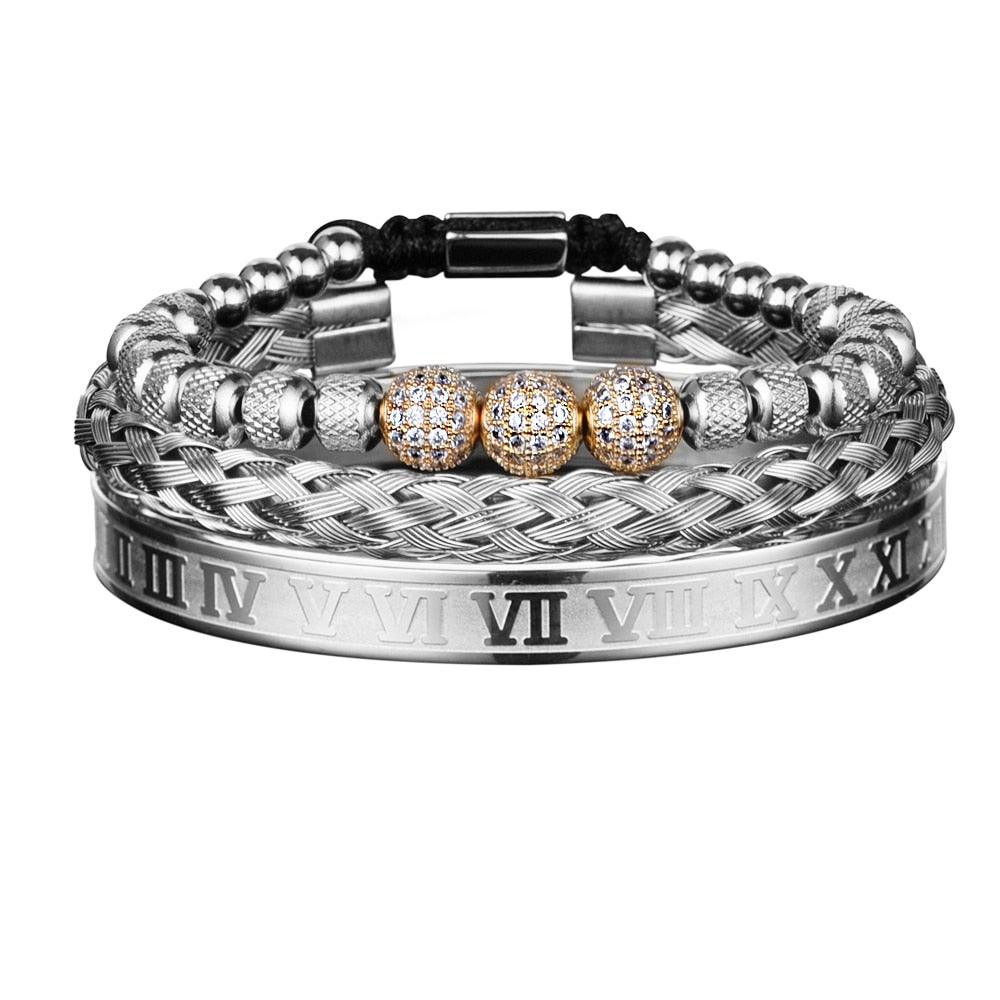 3pcs Luxury Micro Pave CZ Round Beads Royal Charm Men Bracelets, Stainless Steel Crystals Men's Bangles, Handmade Jewelry Gift - Sandrine Swank